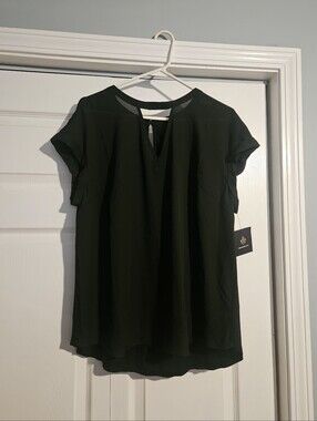 NWT Fortune & Ivy Black Women's Short Sleeve Keyhole Mixed Media Blouse Size XL